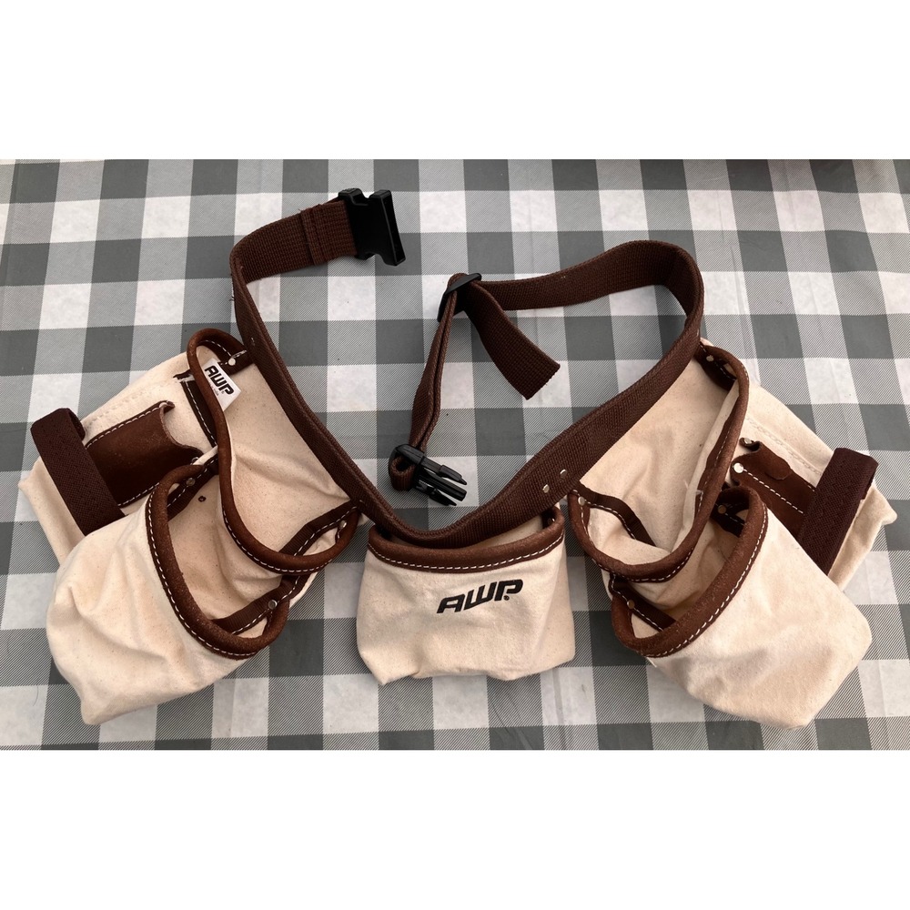 AWP Tool Belt OS Brown White Canvas Multi Pocket Adjustable Buckle Utility
